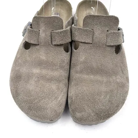SOLD-Birkenstock Boston Mules Grey Suede Leather Soft Footbed Sz 39 / 8 NARROW - Picture 2 of 8